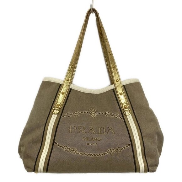 Auth PRADA Logo Jacquard Beige Gold Cream Nylon Jacquard Leather - Picture 1 of 8